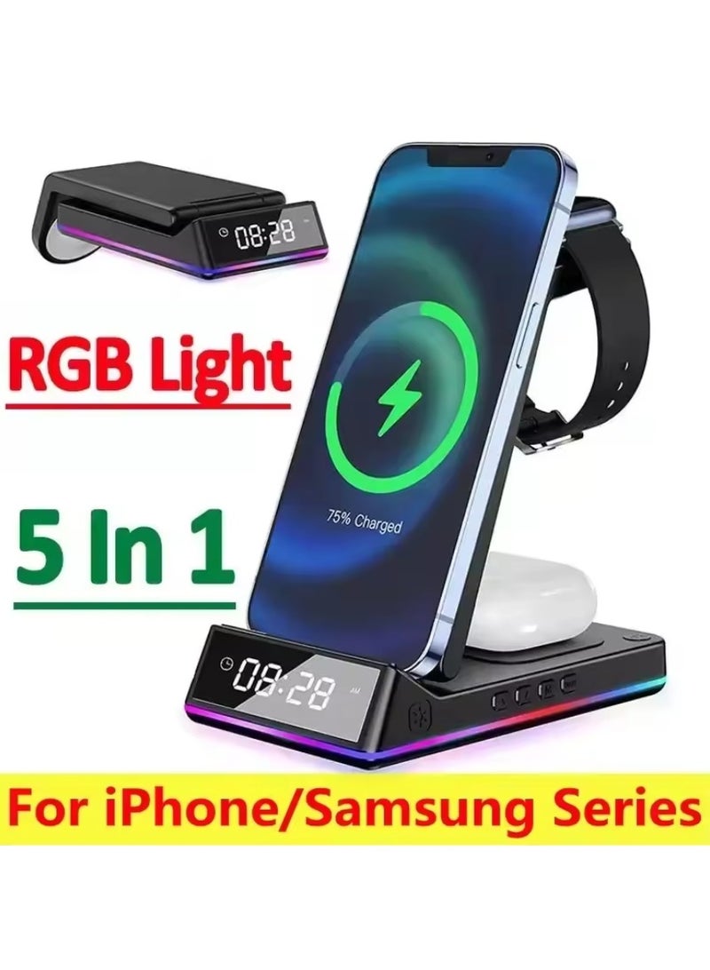 5 In 1 15W Foldable Wireless Charger Stand RGB LED Clock Fast Charging Station Dock for iPhone Samsung Galaxy Watch 5/4 S22 S21  - Image 3