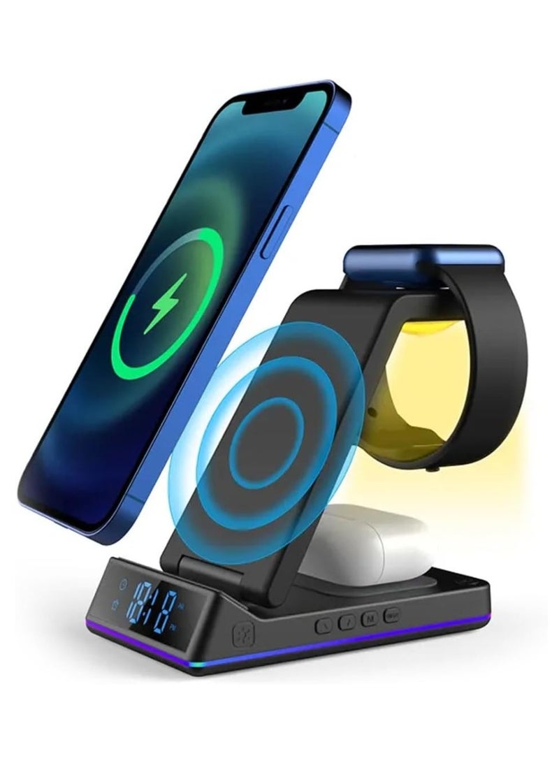 5 In 1 15W Foldable Wireless Charger Stand RGB LED Clock Fast Charging Station Dock for iPhone Samsung Galaxy Watch 5/4 S22 S21  - Image 1