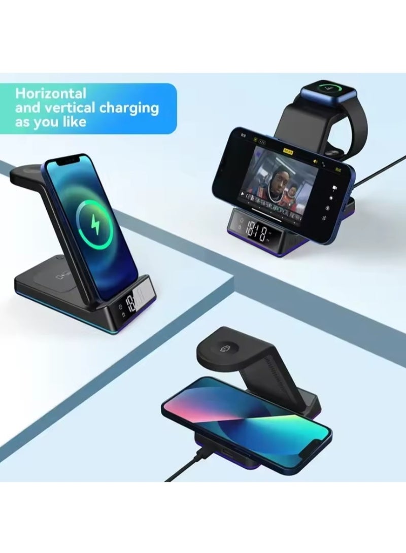 5 In 1 15W Foldable Wireless Charger Stand RGB LED Clock Fast Charging Station Dock for iPhone Samsung Galaxy Watch 5/4 S22 S21  - Image 5