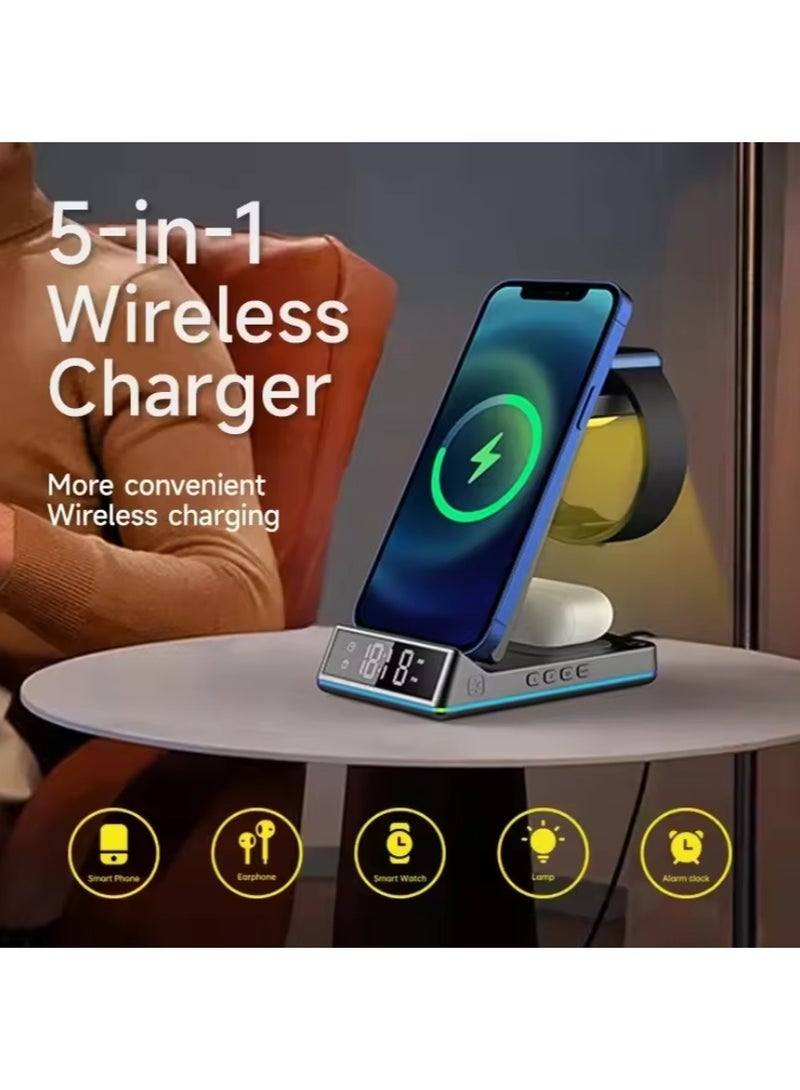 5 In 1 15W Foldable Wireless Charger Stand RGB LED Clock Fast Charging Station Dock for iPhone Samsung Galaxy Watch 5/4 S22 S21  - Image 2