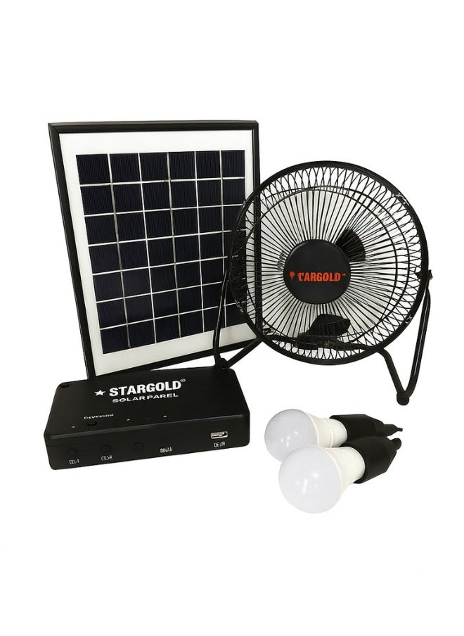 Stargold Solar Lighting System 6W Solar Panel 3LED Bulbs With 5W Fan 5 In 1 Charging Cable Control Box With Built In Battery  - Image 1