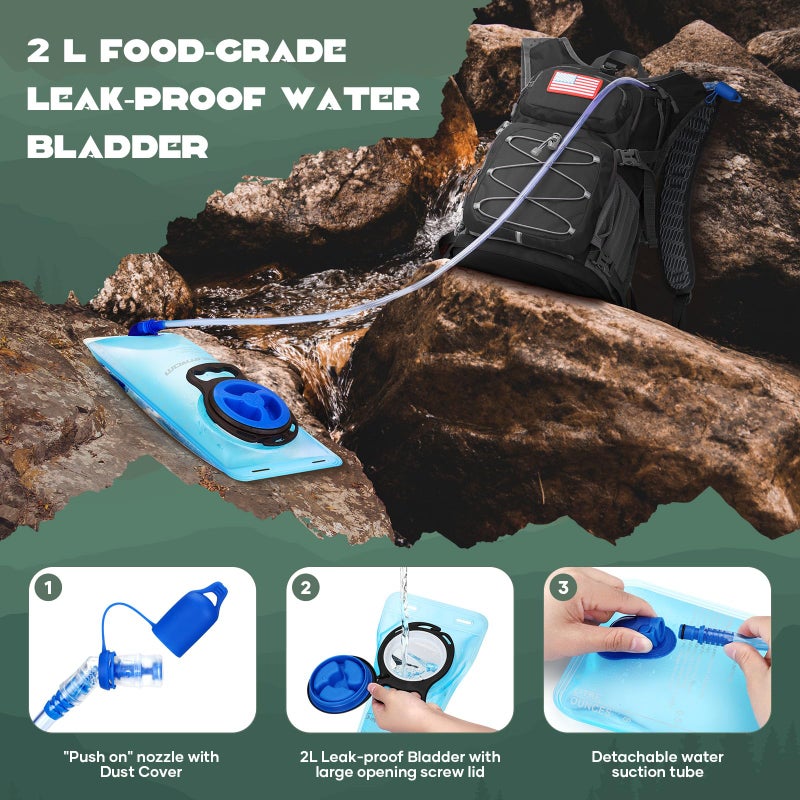 Maelstrom Hydration Hiking Backpack with 2L/3L Water Bladder, High Flow Bite Valve Camping Daypack Lightweight (1.Black, 2L Bladder) - Image 4