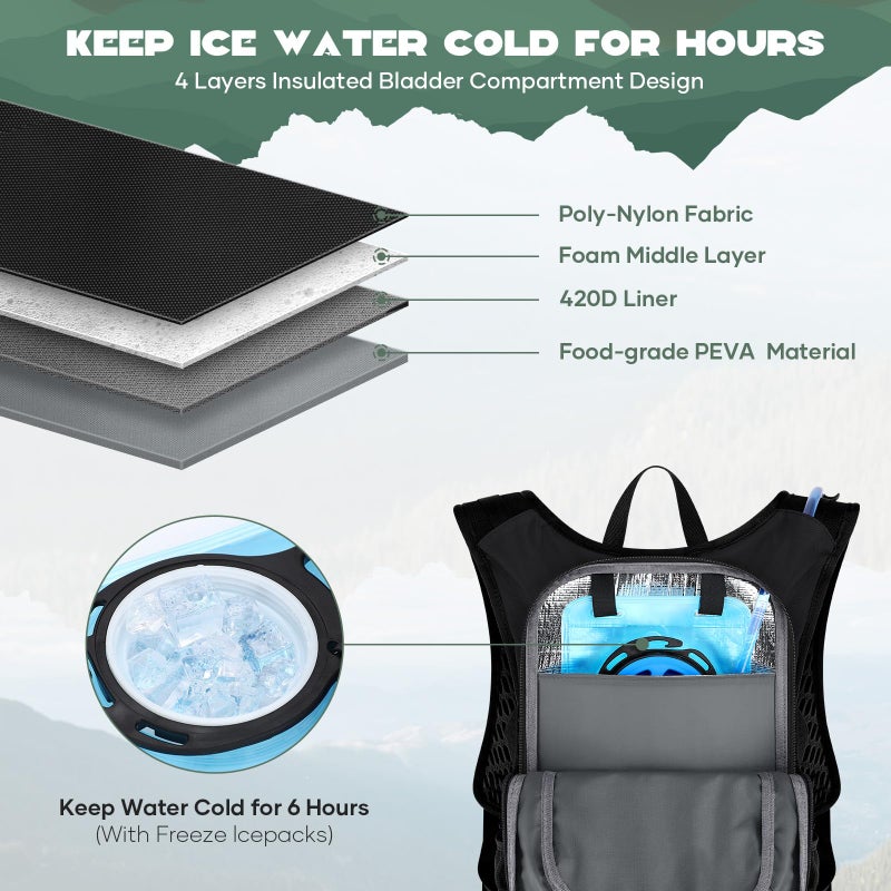 Maelstrom Hydration Hiking Backpack with 2L/3L Water Bladder, High Flow Bite Valve Camping Daypack Lightweight (1.Black, 2L Bladder) - Image 3