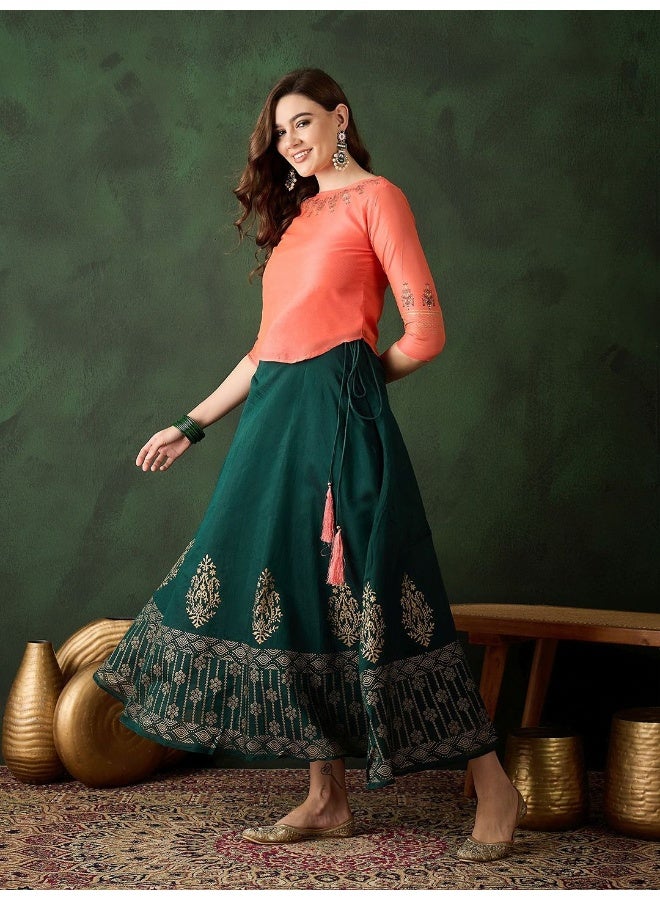 AKS Peach & Green Gold Block printed Lehenga Choli - Image 5