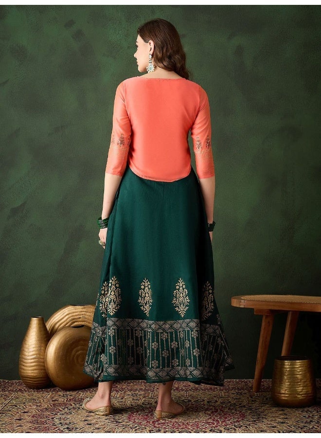 AKS Peach & Green Gold Block printed Lehenga Choli - Image 4