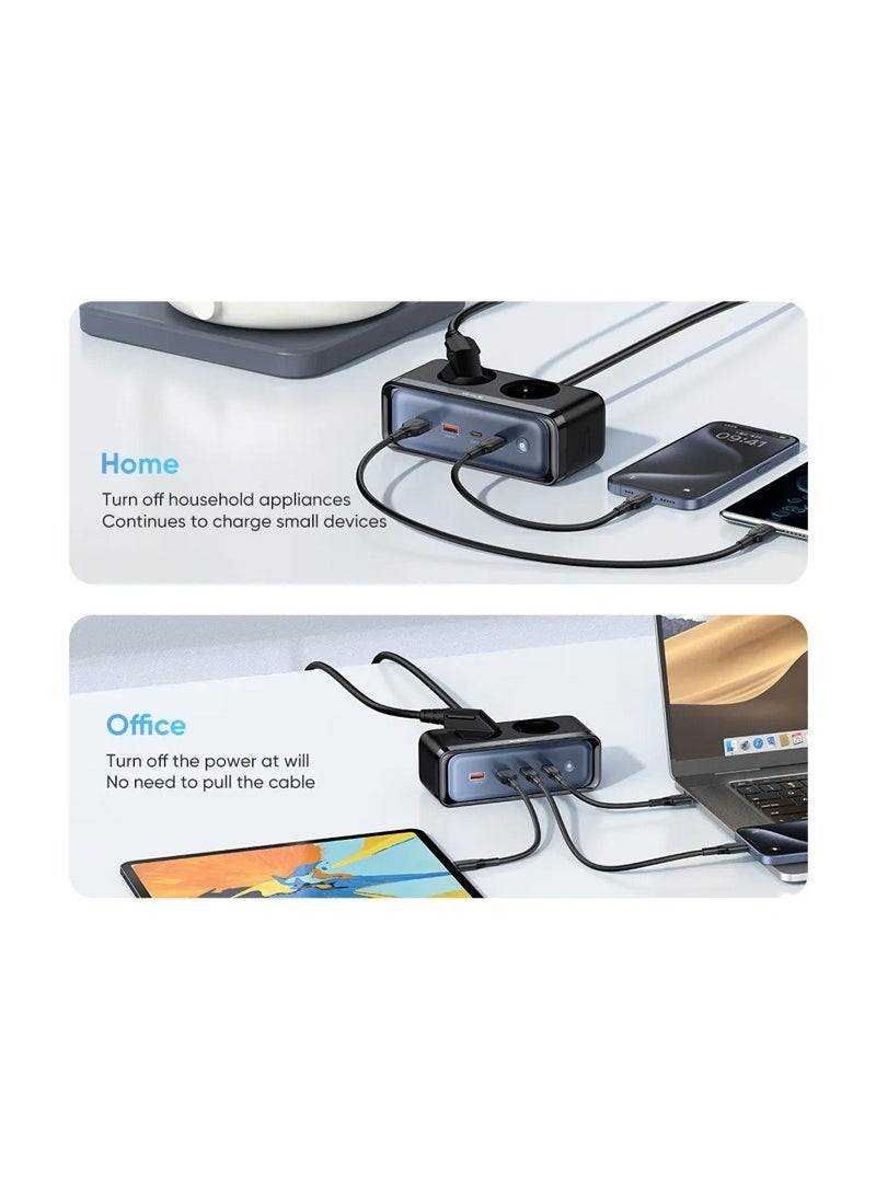 6 in 1 Smart Power Strip CH-461 70W , Ultra-Fast GaN Power Strip with 2 Power Outlets + 2 USB-A Ports + 2 Type-C Ports , Smart Charging with PPS and PD3.0 , Lightning Protection and Smart Power Distribution , Stylish Design with 3D Visual Touch , Ideal for Mobile Phones, Laptops, Tablets, and Smart Devices
