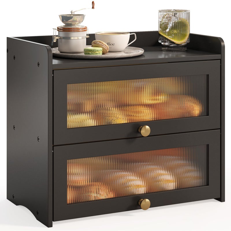 JANSNIMEN Large Bread Box for Kitchen Countertop Wooden Double Layer Breadbox Organizer with Window Vintage Farmhouse Bread Storage Container for Homemade Bread (Black) - Image 1