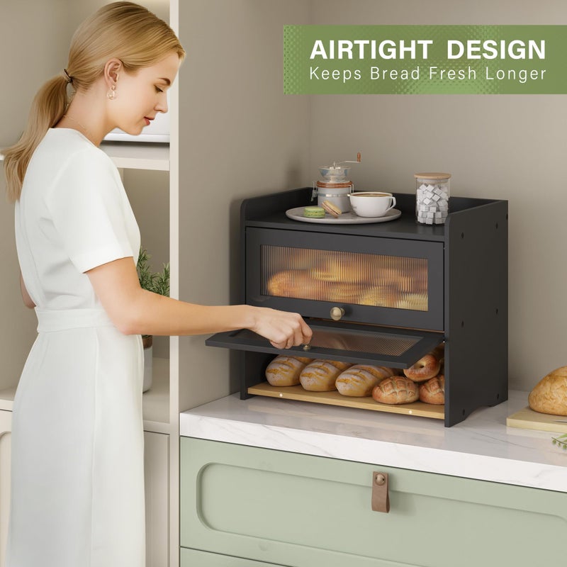 JANSNIMEN Large Bread Box for Kitchen Countertop Wooden Double Layer Breadbox Organizer with Window Vintage Farmhouse Bread Storage Container for Homemade Bread (Black) - Image 3