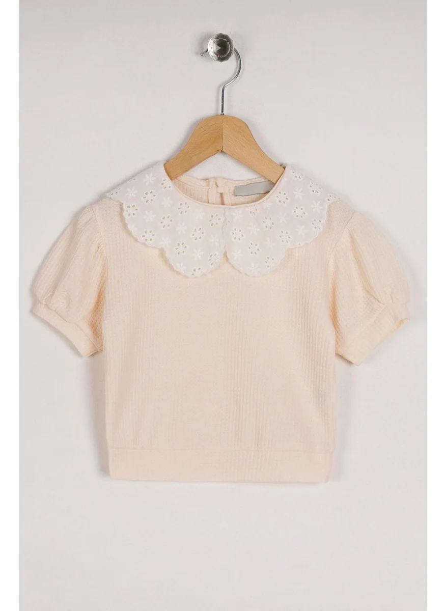 زيبكيدز Baby Collar Short Sleeve Baby Collar Lace Mini Checkered Ecru Color Girl T-shirt