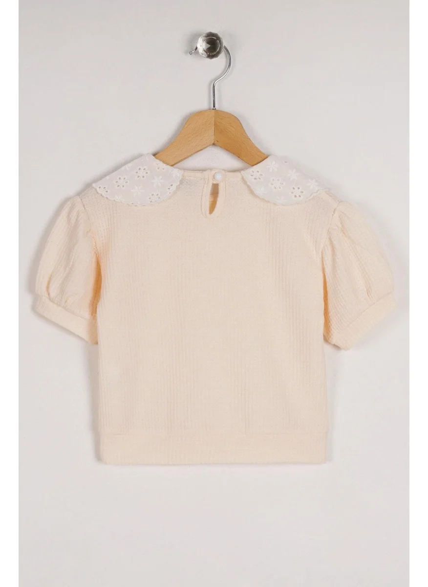 زيبكيدز Baby Collar Short Sleeve Baby Collar Lace Mini Checkered Ecru Color Girl T-shirt
