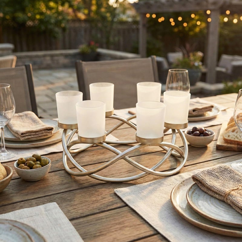 Seraphic Iron Round Table Decor Centerpiece Decorations Candle Holder for Weddings, Outdoor Patio, Kitchen, Dining Room, and Coffee Tables, Glass Votive Tealight Holders, Gold, 6 Frosted Cups - Image 3