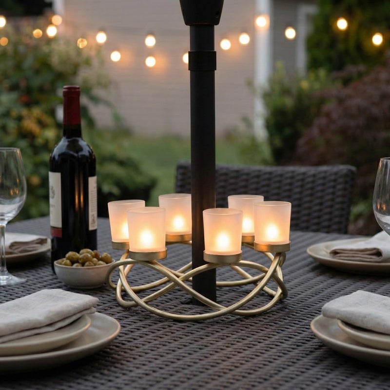 Seraphic Iron Round Table Decor Centerpiece Decorations Candle Holder for Weddings, Outdoor Patio, Kitchen, Dining Room, and Coffee Tables, Glass Votive Tealight Holders, Gold, 6 Frosted Cups - Image 2