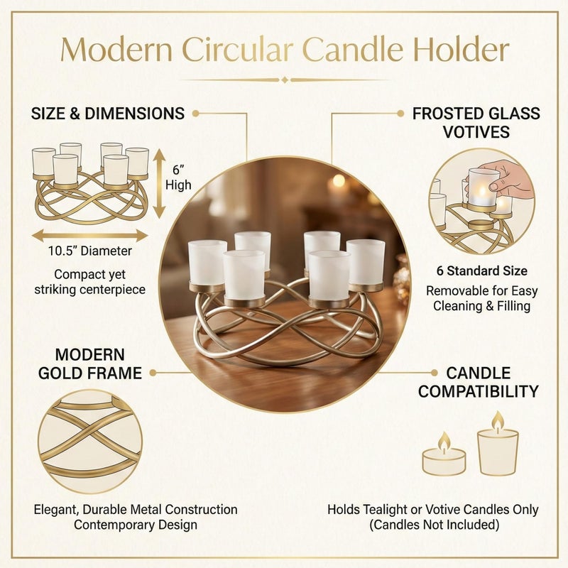 Seraphic Iron Round Table Decor Centerpiece Decorations Candle Holder for Weddings, Outdoor Patio, Kitchen, Dining Room, and Coffee Tables, Glass Votive Tealight Holders, Gold, 6 Frosted Cups - Image 4