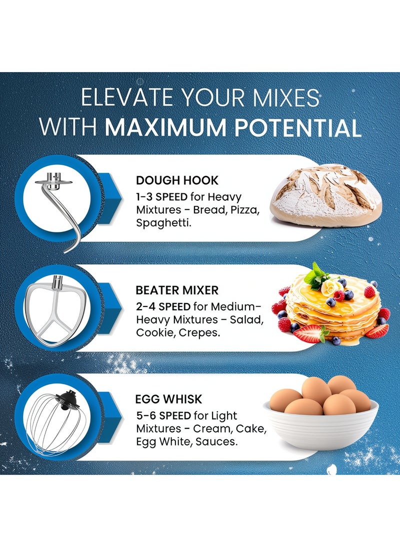 آر إيه أف خلاط قائم من RAF بقوة 1600 واط - وعاء من الفولاذ المقاوم للصدأ سعة 4.0 لتر، وآلة مطبخ بست سرعات مع نبضات، وخفاقة، ومضرب، وخطاف عجين - Image 4