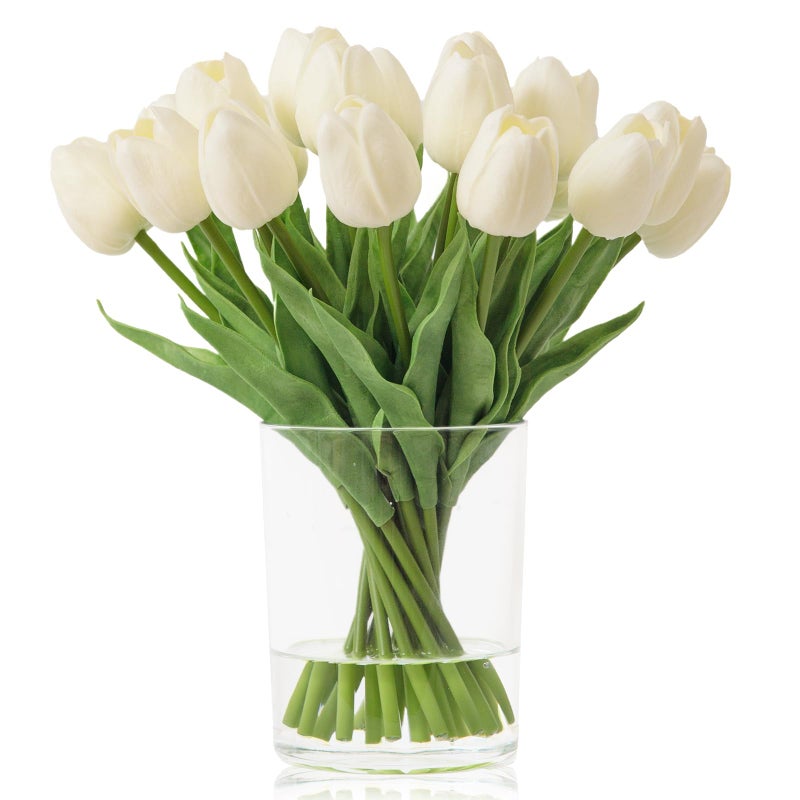 WELL KNOWN 20 Pcs White Tulips Artificial Flowers in Vase, Fake Flowers in Glass Vase, Real Touch Fake Tulips Artificial Flowers in vase with Faux Water for Home Decoration, Dining Table - Image 1