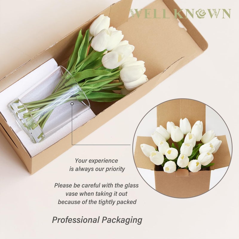 WELL KNOWN 20 Pcs White Tulips Artificial Flowers in Vase, Fake Flowers in Glass Vase, Real Touch Fake Tulips Artificial Flowers in vase with Faux Water for Home Decoration, Dining Table - Image 5