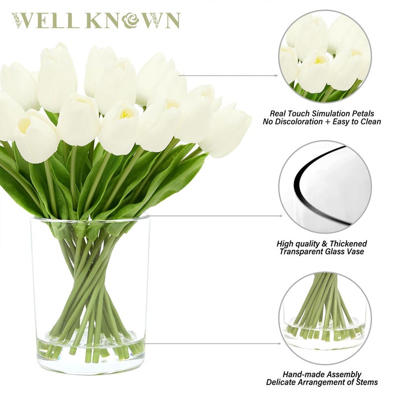 WELL KNOWN 20 Pcs White Tulips Artificial Flowers in Vase, Fake Flowers in Glass Vase, Real Touch Fake Tulips Artificial Flowers in vase with Faux Water for Home Decoration, Dining Table - Image 4