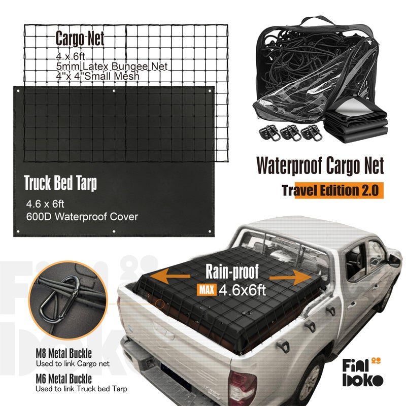 Finiboko Cargo Net for Pickup Truck Bed,4' x 6' Stretches to 8' x 12' - Small Mesh Bungee Net Cargo Netting with Portable Truck Bed Tarp,Cargo Net Suitable for Daily and Rainy Day Loading of Trucks - Image 2