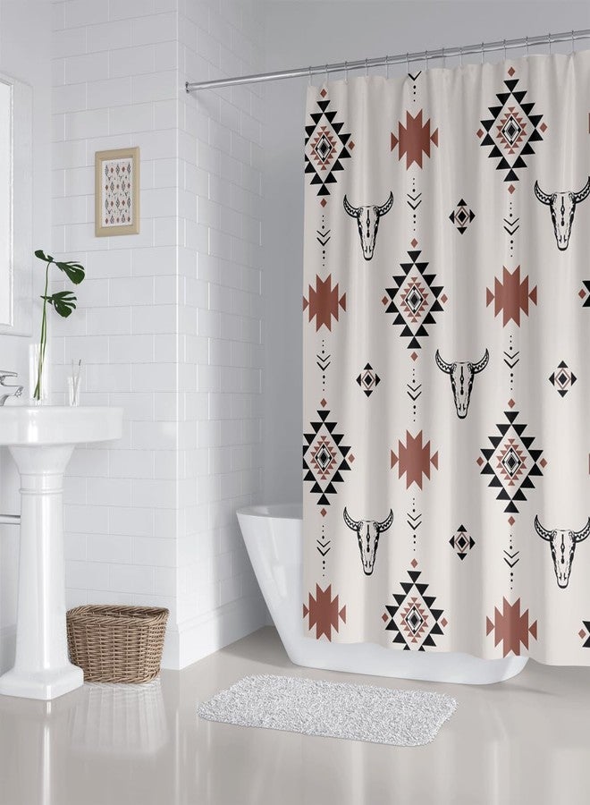 ZXMBF Bull Skull Aztec Shower Curtain Western Tribe Native American Geometric Stripes Boho Abstract Vintage 72Lx72W Inch Bathroom Decor Polyester Waterproof Fabric with 12 Plastic Hooks - Image 4