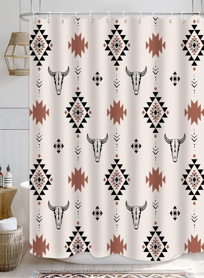ZXMBF Bull Skull Aztec Shower Curtain Western Tribe Native American Geometric Stripes Boho Abstract Vintage 72Lx72W Inch Bathroom Decor Polyester Waterproof Fabric with 12 Plastic Hooks - Image 1