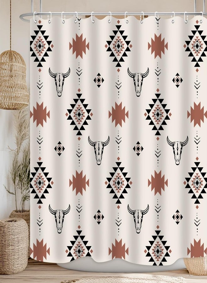 ZXMBF Bull Skull Aztec Shower Curtain Western Tribe Native American Geometric Stripes Boho Abstract Vintage 72Lx72W Inch Bathroom Decor Polyester Waterproof Fabric with 12 Plastic Hooks - Image 3