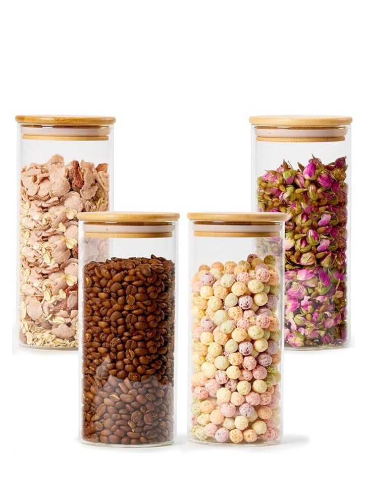 Generic Set of 4 High Borosilicate Glass Storage Jars with Airtight Bamboo Lid Set 900ml Clear Kitchen Pantry Food Canister Container For Cereal Pasta Nuts Spices Flour Coffee  - Image 1