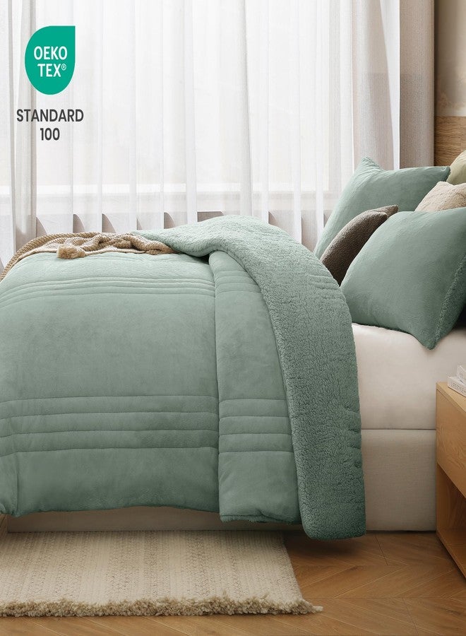 Monbix Fluffy Queen Comforter Set Sage Green, Sherpa Plush Fuzzy Comforter 3 Piece for Queen Size Bed, Luxury Soft Winter Warm Bedding Set - Image 5
