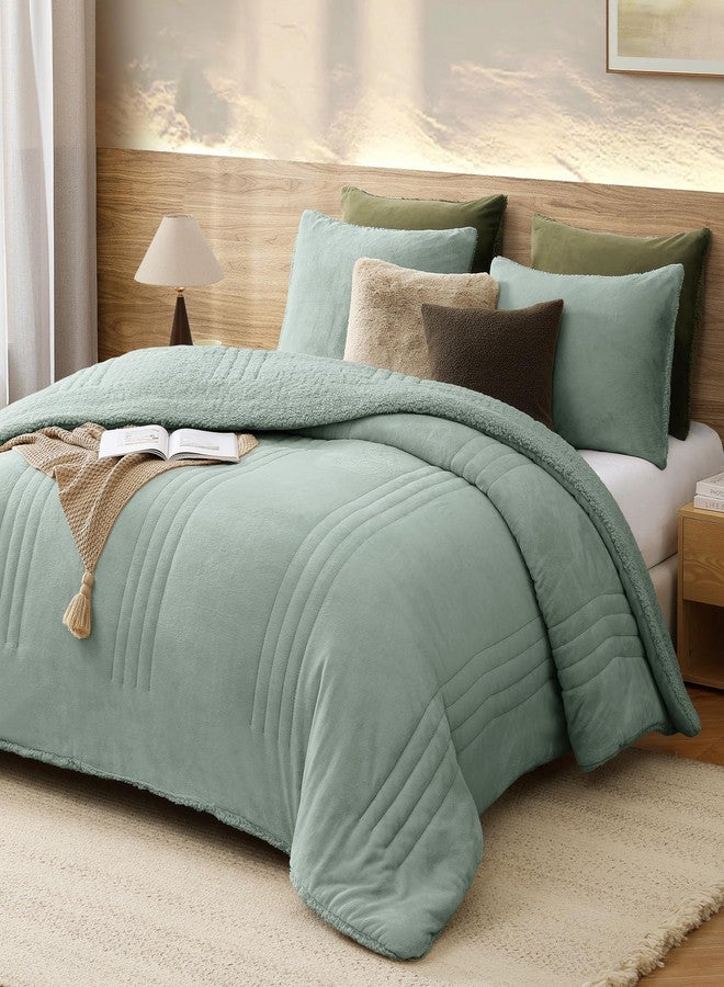 Monbix Fluffy Queen Comforter Set Sage Green, Sherpa Plush Fuzzy Comforter 3 Piece for Queen Size Bed, Luxury Soft Winter Warm Bedding Set - Image 2