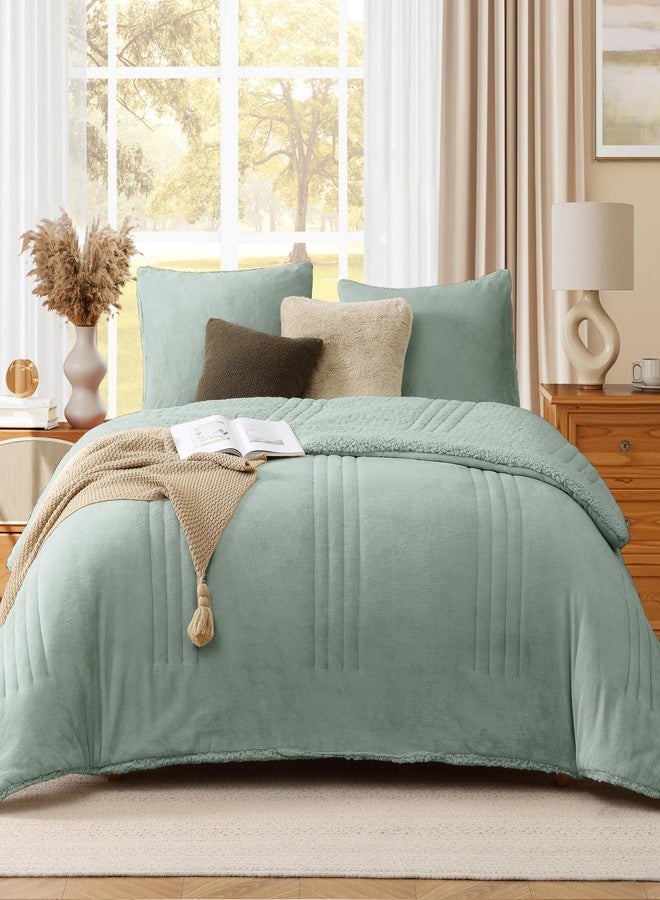 Monbix Fluffy Queen Comforter Set Sage Green, Sherpa Plush Fuzzy Comforter 3 Piece for Queen Size Bed, Luxury Soft Winter Warm Bedding Set - Image 1