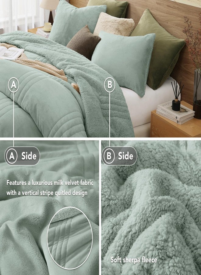 Monbix Fluffy Queen Comforter Set Sage Green, Sherpa Plush Fuzzy Comforter 3 Piece for Queen Size Bed, Luxury Soft Winter Warm Bedding Set - Image 3