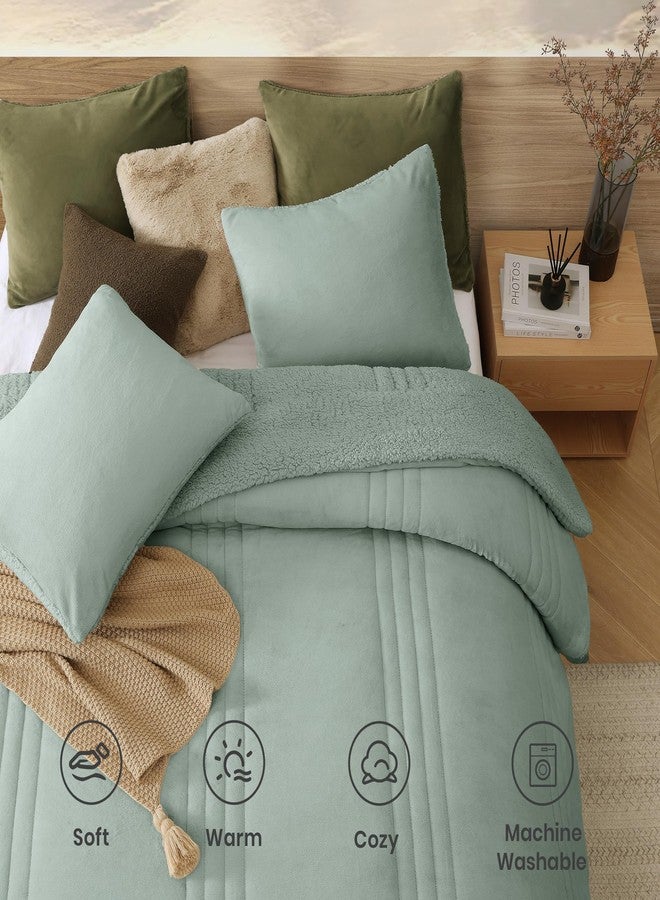 Monbix Fluffy Queen Comforter Set Sage Green, Sherpa Plush Fuzzy Comforter 3 Piece for Queen Size Bed, Luxury Soft Winter Warm Bedding Set - Image 4
