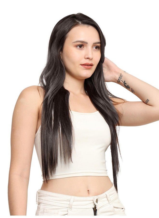 MoonEyes Natural Brown Straight Hair Extensions In High Temperature Synthetic Fiber In 24 Inch 5 Clips Head In 1 Piece For Women And Girls (Light Brown) - Image 2