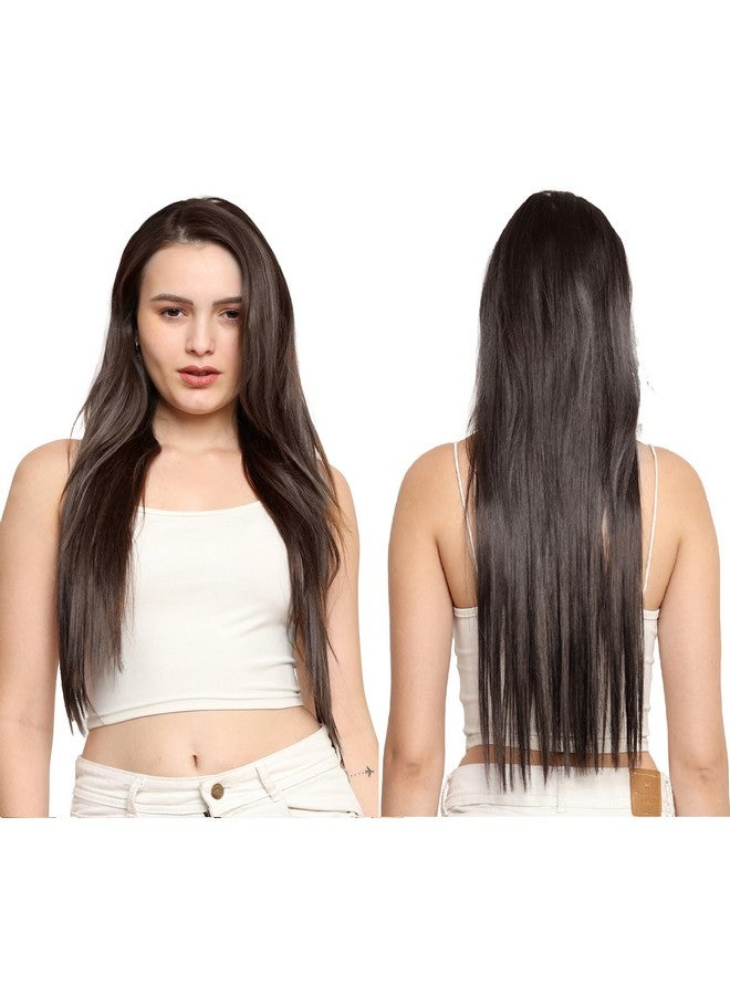 MoonEyes Natural Brown Straight Hair Extensions In High Temperature Synthetic Fiber In 24 Inch 5 Clips Head In 1 Piece For Women And Girls (Light Brown) - Image 1