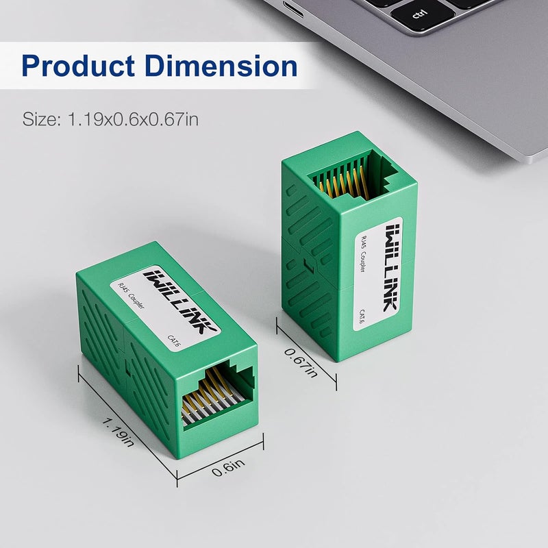 iwillink حزمة من 5 موصلات RJ45 Cat6 مدمجة، موصل إيثرنت أنثى إلى أنثى، موصل تمديد إيثرنت لكابلات إيثرنت Cat6/Cat5e/Cat5، أخضر - Image 4