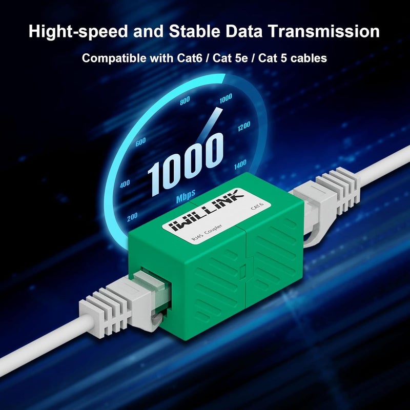 iwillink حزمة من 5 موصلات RJ45 Cat6 مدمجة، موصل إيثرنت أنثى إلى أنثى، موصل تمديد إيثرنت لكابلات إيثرنت Cat6/Cat5e/Cat5، أخضر - Image 5
