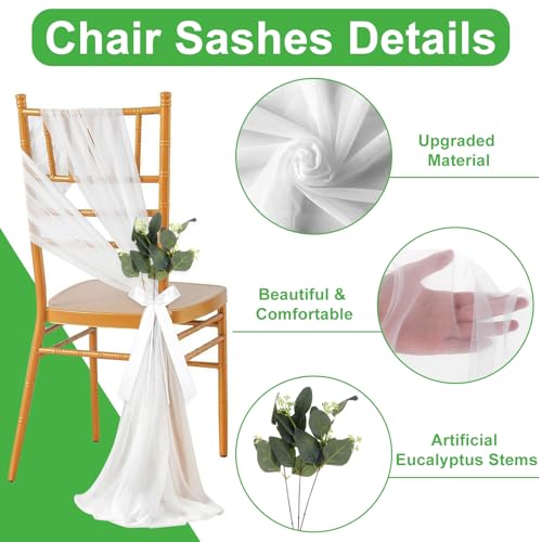 Easywiny 24 Sets Wedding Aisle Decorations for Ceremony Set Wedding Chair Decorations White Ribbon Bows Artificial Eucalyptus Stem Chair Sashes for Weddings Party Bench Church Pew Aisle Decor (Elegant White) - Image 3