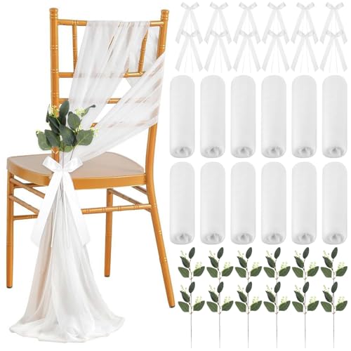 Easywiny 24 Sets Wedding Aisle Decorations for Ceremony Set Wedding Chair Decorations White Ribbon Bows Artificial Eucalyptus Stem Chair Sashes for Weddings Party Bench Church Pew Aisle Decor (Elegant White) - Image 1