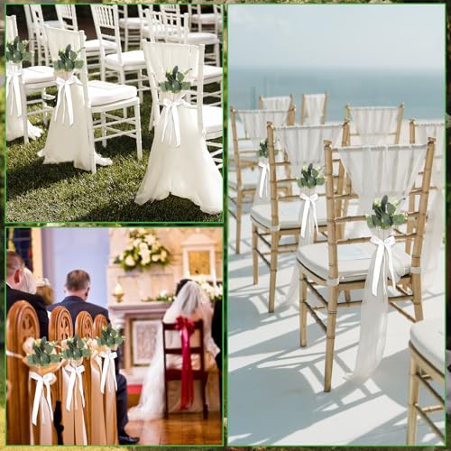 Easywiny 24 Sets Wedding Aisle Decorations for Ceremony Set Wedding Chair Decorations White Ribbon Bows Artificial Eucalyptus Stem Chair Sashes for Weddings Party Bench Church Pew Aisle Decor (Elegant White) - Image 4