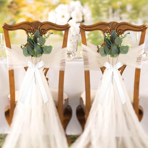 Easywiny 24 Sets Wedding Aisle Decorations for Ceremony Set Wedding Chair Decorations White Ribbon Bows Artificial Eucalyptus Stem Chair Sashes for Weddings Party Bench Church Pew Aisle Decor (Elegant White) - Image 5
