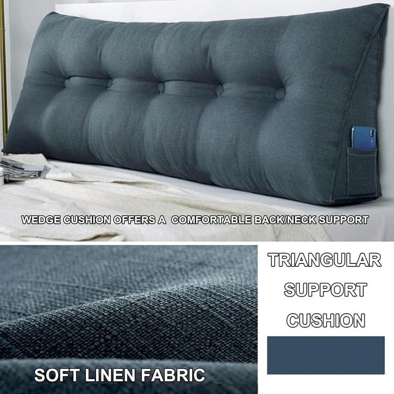 Linen Wedge Headboard Pillow,Large Bolster Triangular Headboard Reading Pillow,Solid Color Positioning Bed Rest Cushion Daybed Backrest with Removable Cover - Image 2