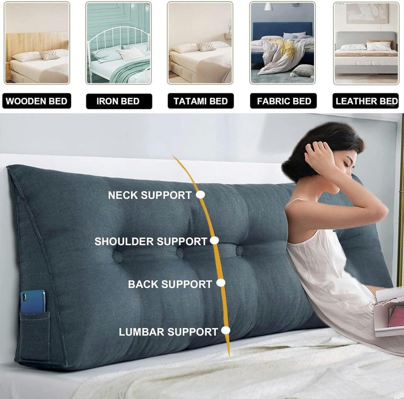 Linen Wedge Headboard Pillow,Large Bolster Triangular Headboard Reading Pillow,Solid Color Positioning Bed Rest Cushion Daybed Backrest with Removable Cover - Image 4