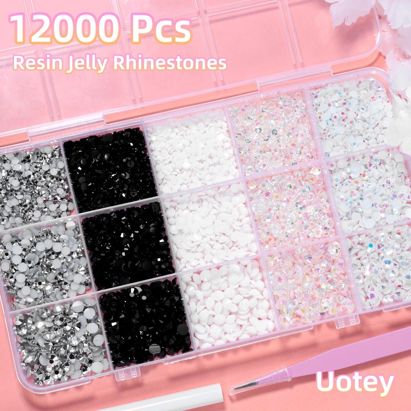 Uotey 12000 قطعة من أحجار الراين الجيلي الراتنجية للحرف اليدوية، أحجام متعددة من الجواهر البيضاء والسوداء ذات القاعدة المسطحة، أحجار الراين الراتنجية المتلألئة مع أداة التقاط للحرف اليدوية، الملابس، الأحذية، الأقمشة، فن الأظافر - Image 2
