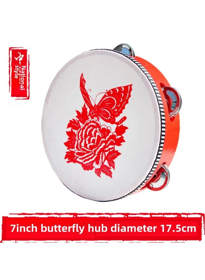 Tambourine Kindergarten Dance Props Children's Tambourine Musical Instrument Orff Vitamin Grade Examination Xinjiang Bell Lingbao-Color:[red Butterfly Flower] 7inch Diameter 17.5cm - Image 1