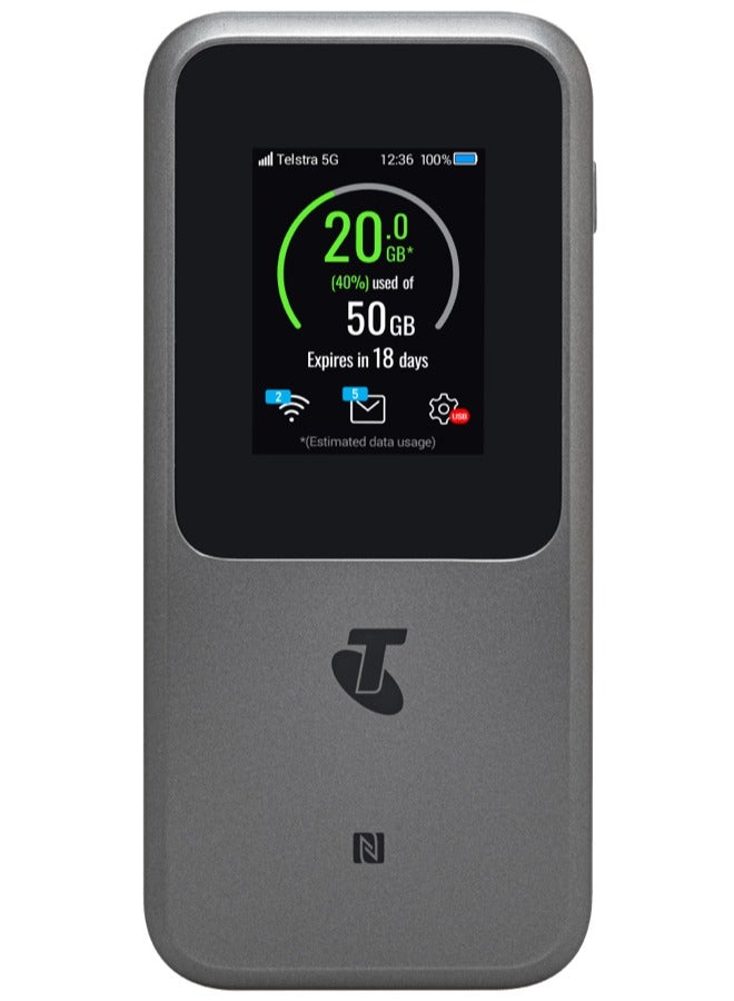 ZTE Portable 5G Hotspot MU5120 by Telstra,10000mAh 27W Fast Charging, NFC,2.4 Inch Touch Screen WIFI 6 3600Mbps Mobile WIFI Router With Sim Card Slot Unlock Grey - Image 1