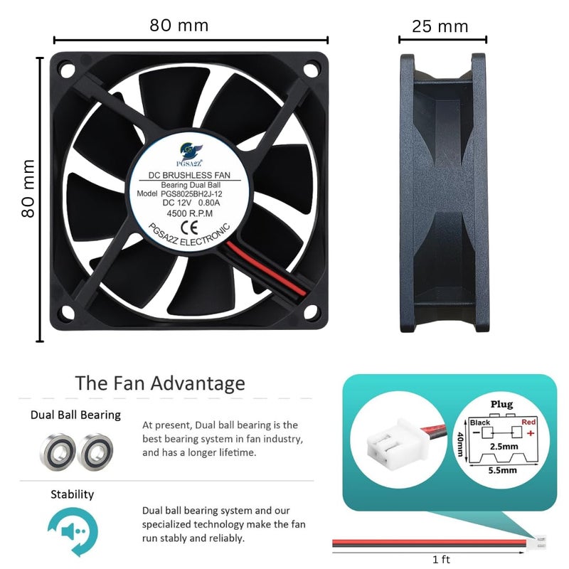 PGSA2Z 80mm x 80mm x 25mm DC Brushless Cooling Fan 12V 0.80A Dual Ball Bearing – 4500RPM Silent High-Speed Cooling Fan for CPU, Router, Projector, Electronics - Image 3