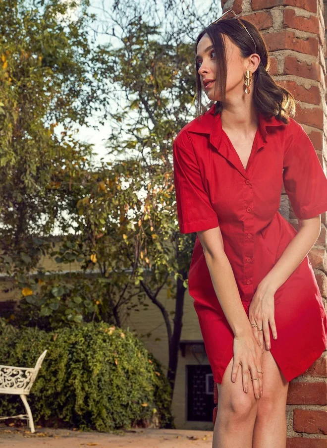 SASSAFRAS Red Smocked Cotton Shirt Mini Dress for Women