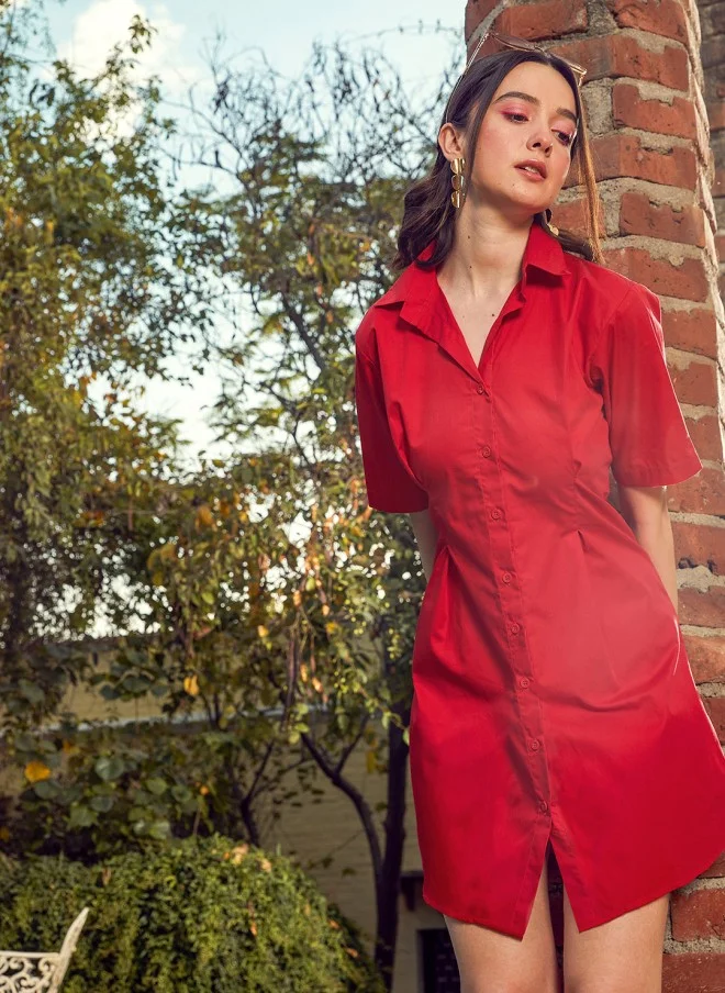 SASSAFRAS Red Smocked Cotton Shirt Mini Dress for Women