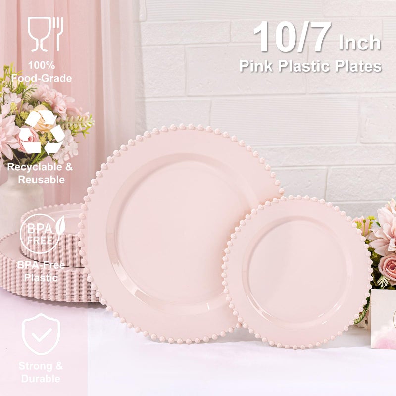 U-QE 60PCS Pink Plastic Plates - Heavy Duty Beaded Pink Disposable Plates for Party, Baby Shower, Wedding, Birthday - Serving 30 Guests Include 30PCS 10inch Dinner Plate & 30PCS 7inch Dessert Plate - Image 2