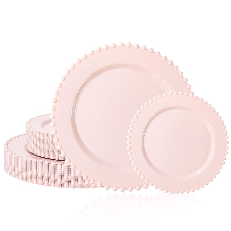 U-QE 60PCS Pink Plastic Plates - Heavy Duty Beaded Pink Disposable Plates for Party, Baby Shower, Wedding, Birthday - Serving 30 Guests Include 30PCS 10inch Dinner Plate & 30PCS 7inch Dessert Plate - Image 1
