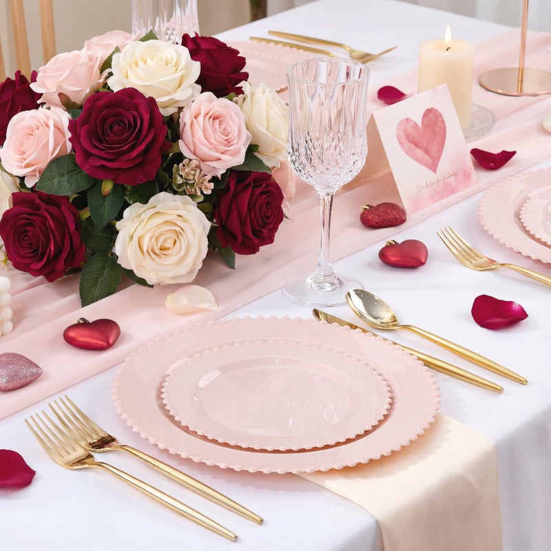 U-QE 60PCS Pink Plastic Plates - Heavy Duty Beaded Pink Disposable Plates for Party, Baby Shower, Wedding, Birthday - Serving 30 Guests Include 30PCS 10inch Dinner Plate & 30PCS 7inch Dessert Plate - Image 3
